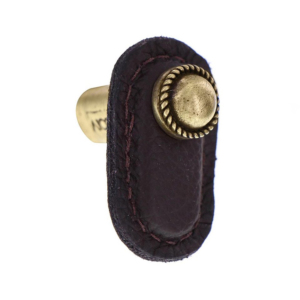 Leather Collection Cappello Knob in Brown Leather in Antique Brass