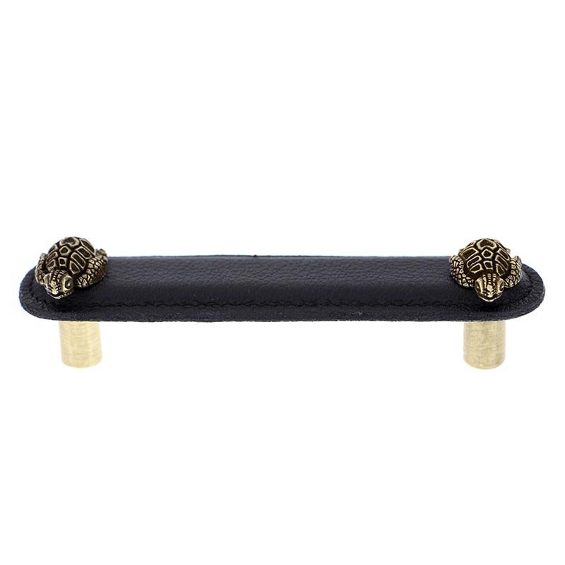 Leather Collection 4" (102mm) Tartaruga Pull in Black Leather in Antique Brass