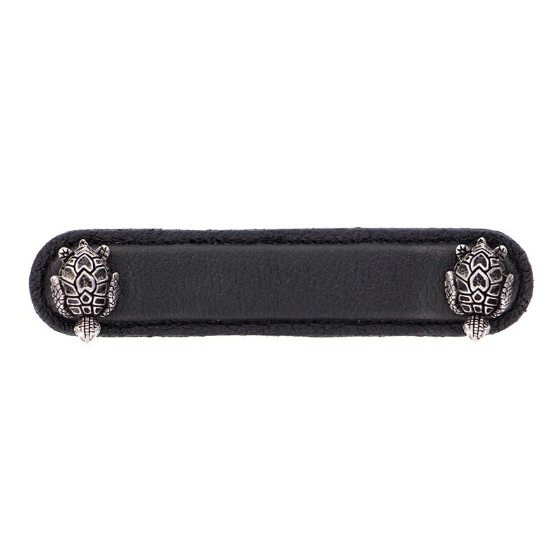 Leather Collection 4" (102mm) Tartaruga Pull in Black Leather in Antique Nickel