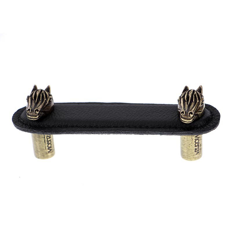 Leather Collection 3" (76mm) Cavallo Pull in Black Leather in Antique Brass