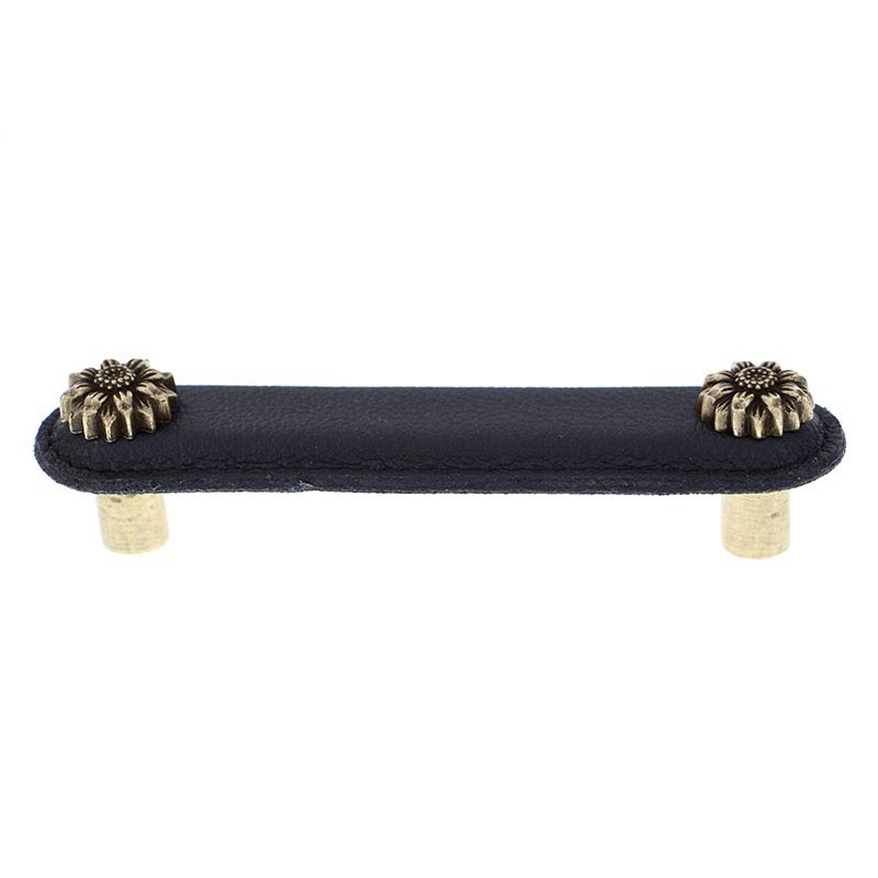 Leather Collection 4" (102mm) Margherita Pull in Black Leather in Antique Brass