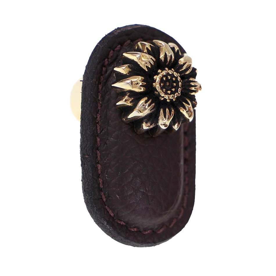 Leather Collection Margherita Knob in Brown Leather in Antique Gold