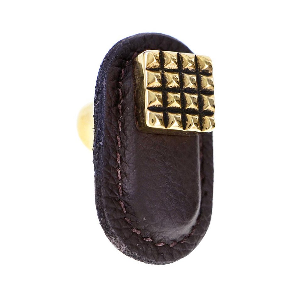 Leather Collection Solferino Knob in Brown Leather in Antique Gold