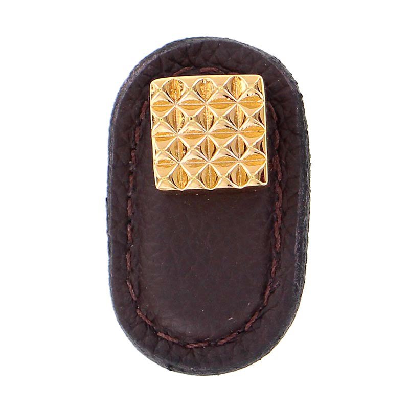 Leather Collection Solferino Knob in Brown Leather in Polished Gold