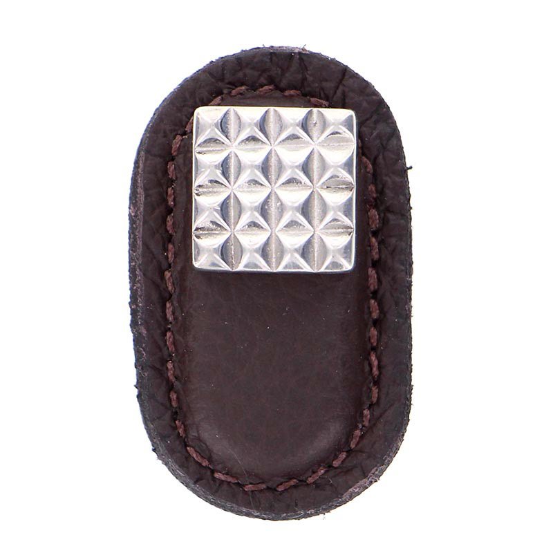 Leather Collection Solferino Knob in Brown Leather in Polished Silver