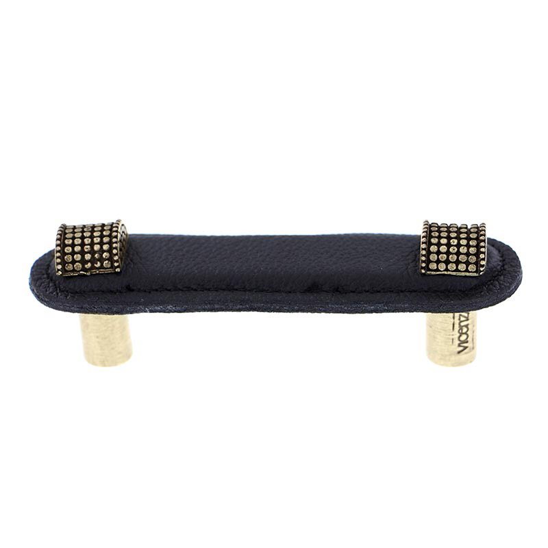 Leather Collection 3" (76mm) Tiziano Pull in Black Leather in Antique Brass