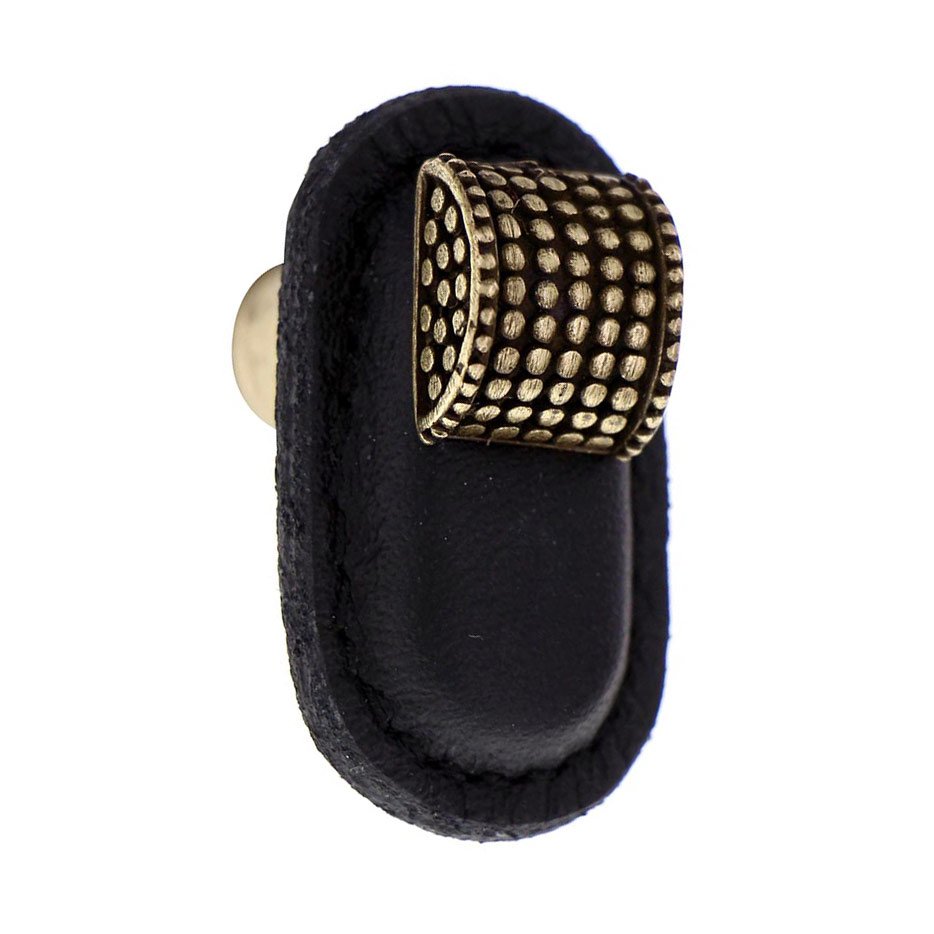 Leather Collection Tiziano Knob in Black Leather in Antique Brass