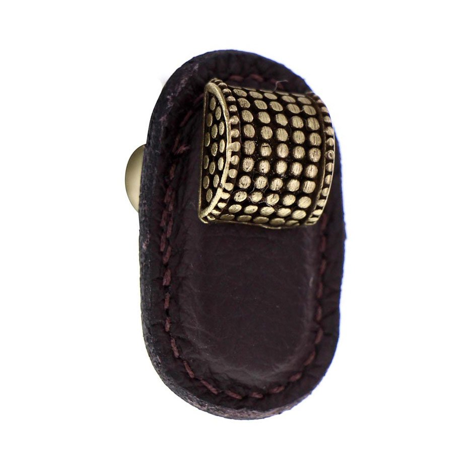 Leather Collection Tiziano Knob in Brown Leather in Antique Brass