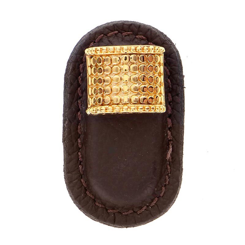 Leather Collection Tiziano Knob in Brown Leather in Polished Gold