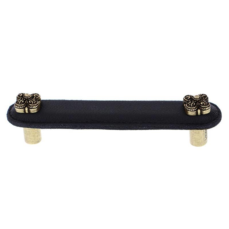 Leather Collection 4" (102mm) Napoli Pull in Black Leather in Antique Brass