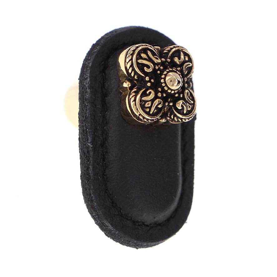 Leather Collection Napoli Knob in Black Leather in Antique Gold