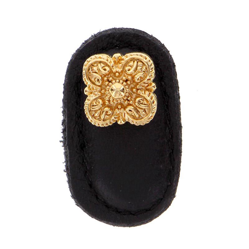 Leather Collection Napoli Knob in Black Leather in Polished Gold