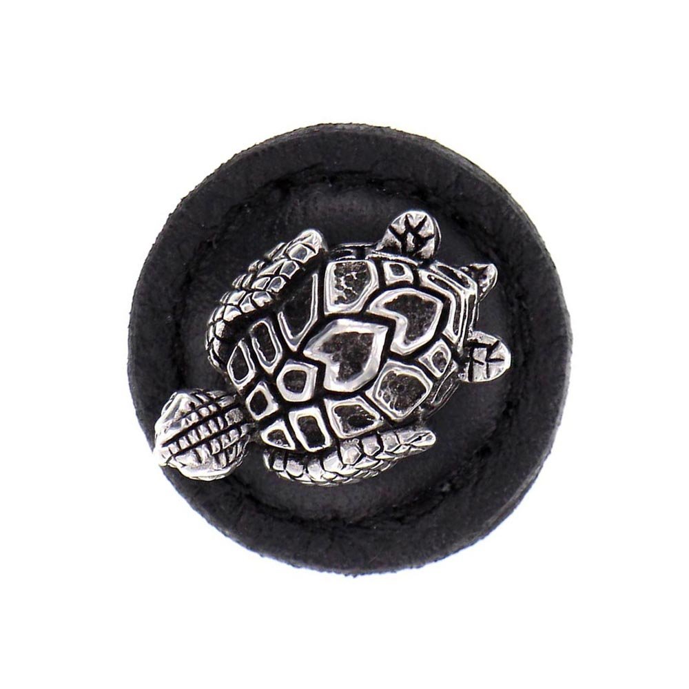 1 1/4" Round Turtle Knob with Leather Insert in Antique Silver with Black Leather Insert