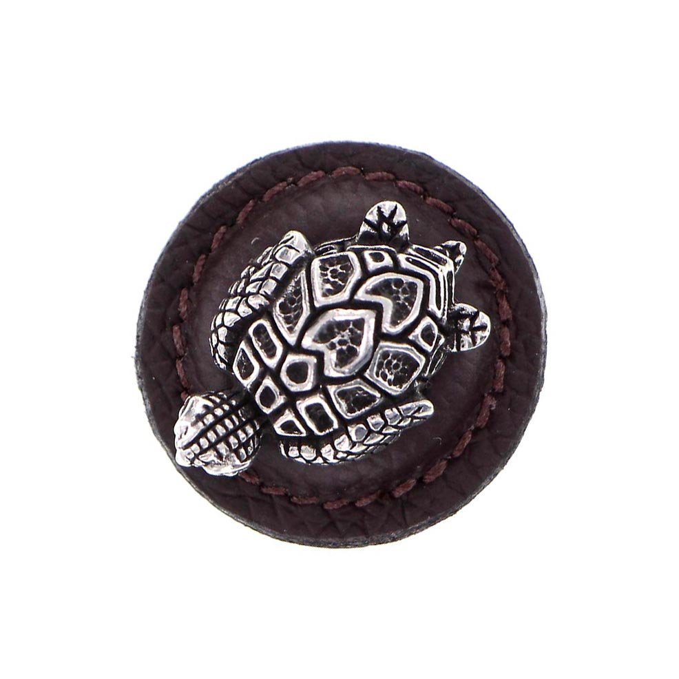 1 1/4" Round Turtle Knob with Leather Insert in Vintage Pewter with Brown Leather Insert