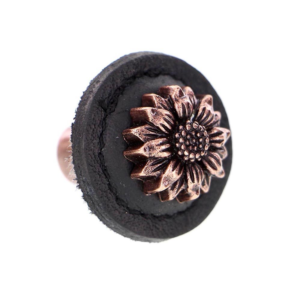 1 1/4" Daisy Knob with Leather Insert in Antique Copper with Black Leather Insert
