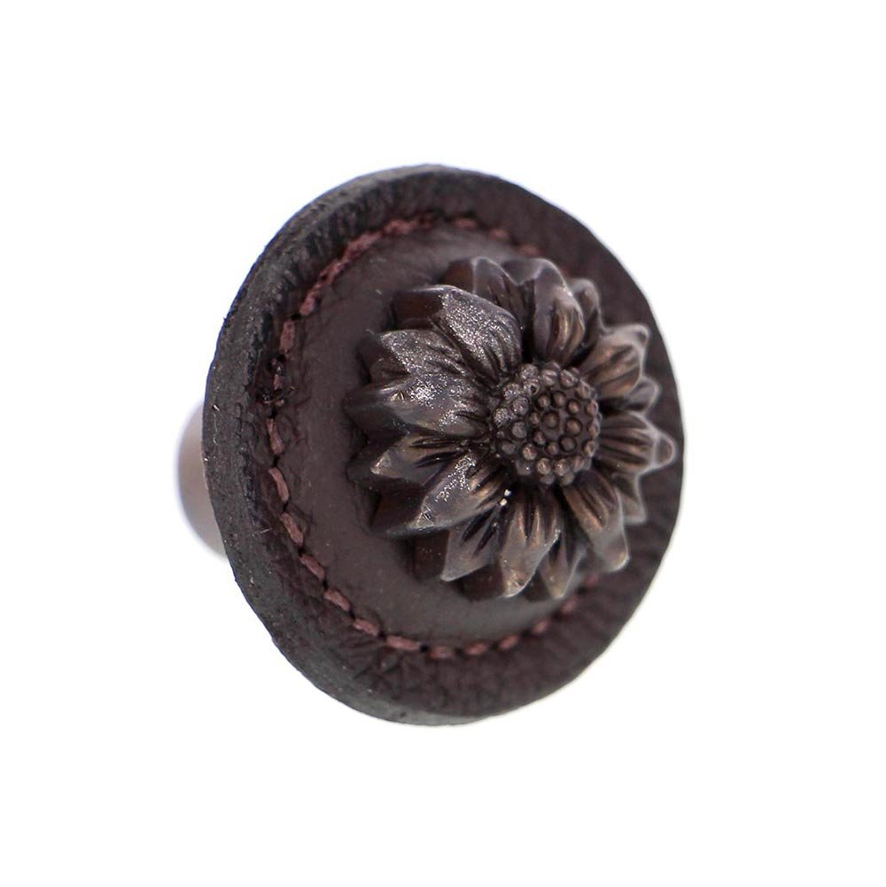 1 1/4" Daisy Knob with Leather Insert in Oil Rubbed Bronze with Brown Leather Insert