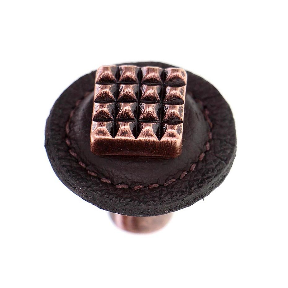 1 1/4" Square Knob with Leather Insert in Antique Copper with Brown Leather Insert
