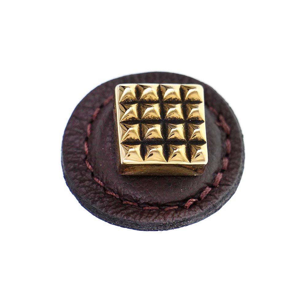 1 1/4" Square Knob with Leather Insert in Antique Gold with Brown Leather Insert