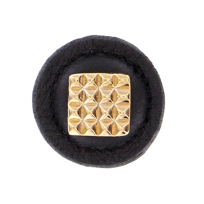 1 1/4" Square Knob with Leather Insert in Polished Gold with Black Leather Insert