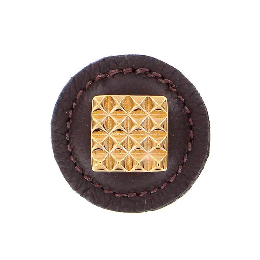 1 1/4" Square Knob with Leather Insert in Polished Gold with Brown Leather Insert