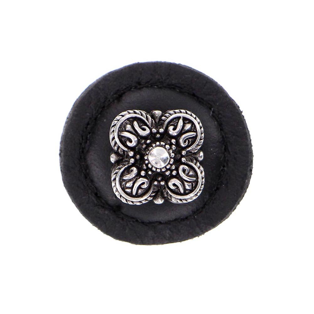 1 1/4" Round Knob with Leather Insert in Antique Silver with Black Leather Insert