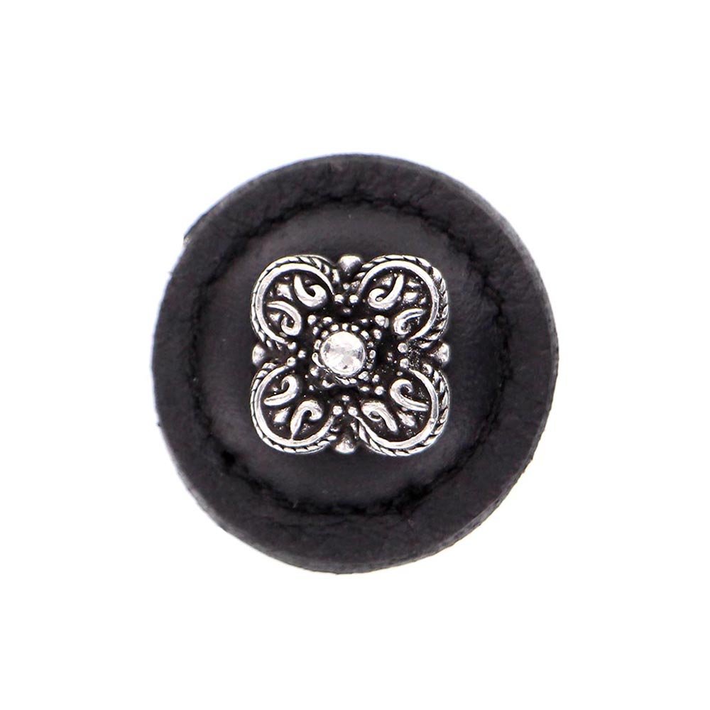 1 1/4" Round Knob with Leather Insert in Vintage Pewter with Black Leather Insert