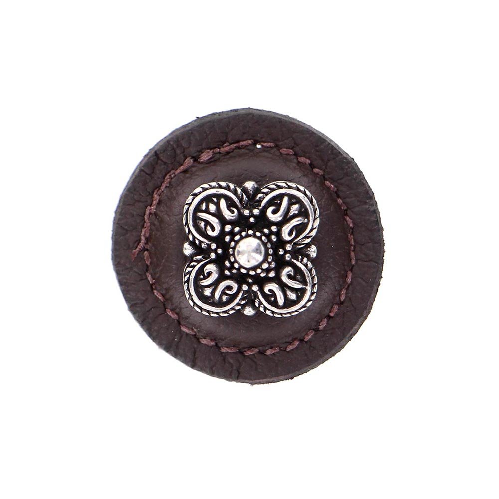 1 1/4" Round Knob with Leather Insert in Vintage Pewter with Brown Leather Insert