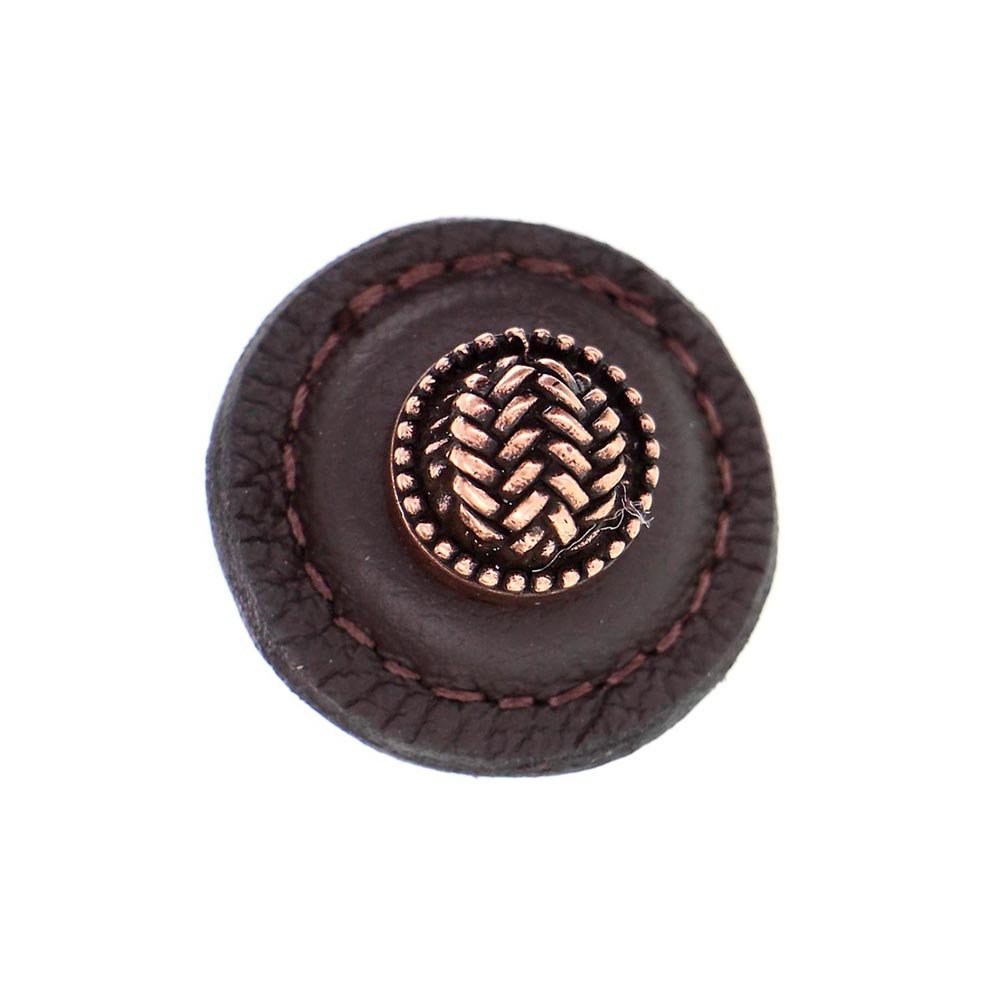 1 1/4" Round Knob with Leather Insert in Antique Copper with Brown Leather Insert