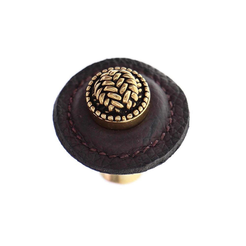 1 1/4" Round Knob with Leather Insert in Antique Gold with Brown Leather Insert