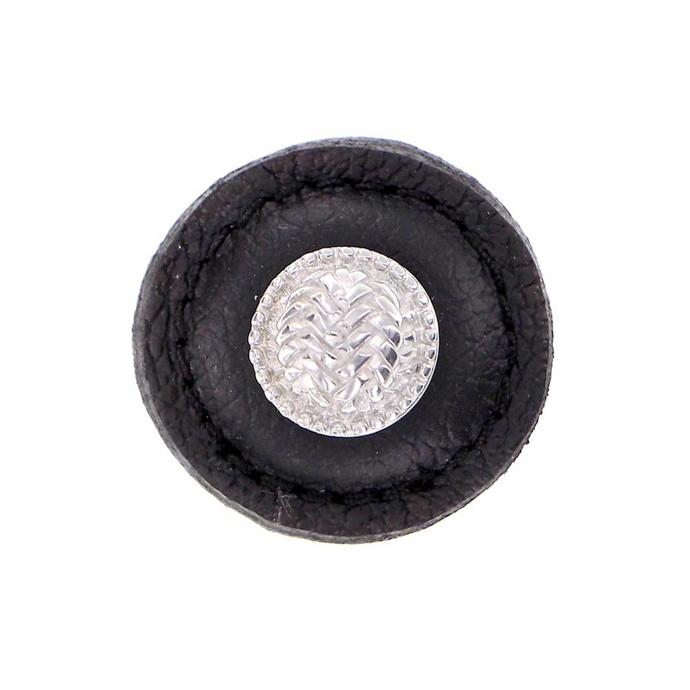 1 1/4" Round Knob with Leather Insert in Polished Nickel with Black Leather Insert
