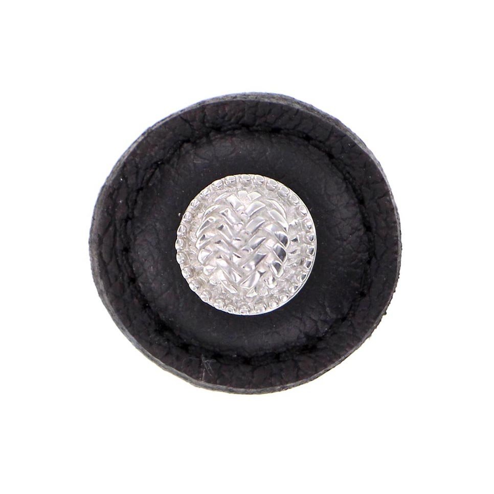 1 1/4" Round Knob with Leather Insert in Polished Silver with Black Leather Insert