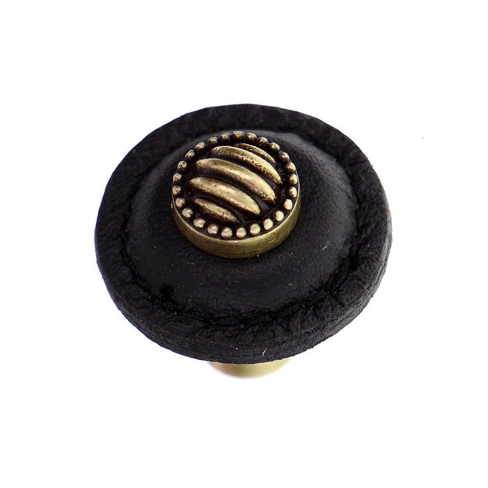 1 1/4" Round Lines and Dots Knob with Leather Insert in Antique Brass with Black Leather Insert
