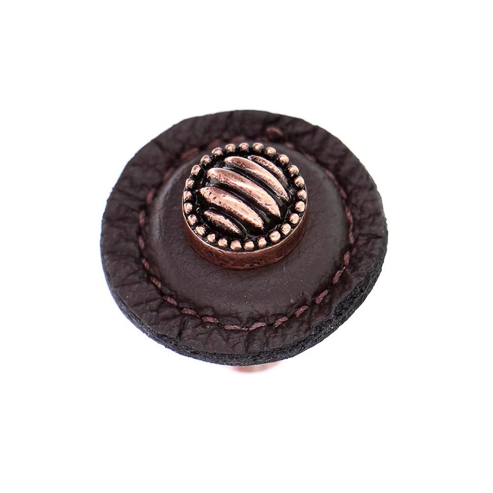 1 1/4" Round Lines and Dots Knob with Leather Insert in Antique Copper with Brown Leather Insert