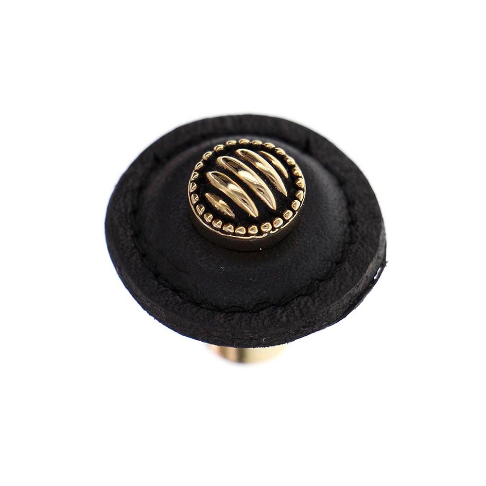 1 1/4" Round Lines and Dots Knob with Leather Insert in Antique Gold with Black Leather Insert