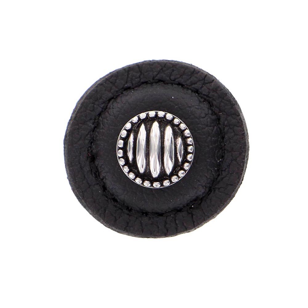 1 1/4" Round Lines and Dots Knob with Leather Insert in Antique Silver with Black Leather Insert