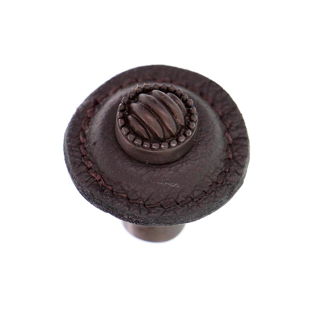 1 1/4" Round Lines and Dots Knob with Leather Insert in Oil Rubbed Bronze with Brown Leather Insert