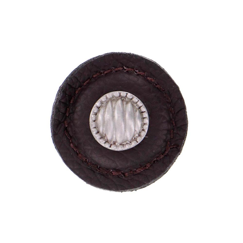 1 1/4" Round Lines and Dots Knob with Leather Insert in Satin Nickel with Brown Leather Insert