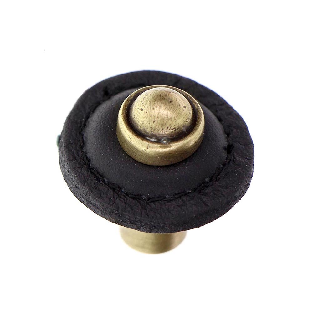 1 1/4" Round Knob with Leather Insert in Antique Brass with Black Leather Insert
