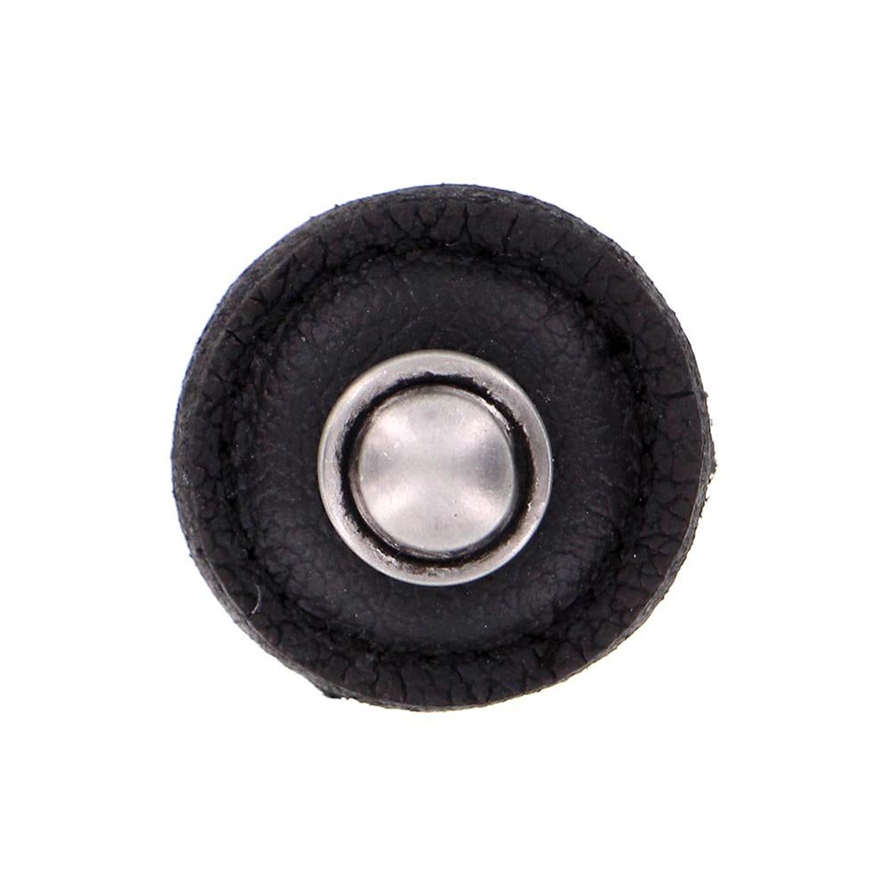 1 1/4" Round Knob with Leather Insert in Antique Nickel with Black Leather Insert