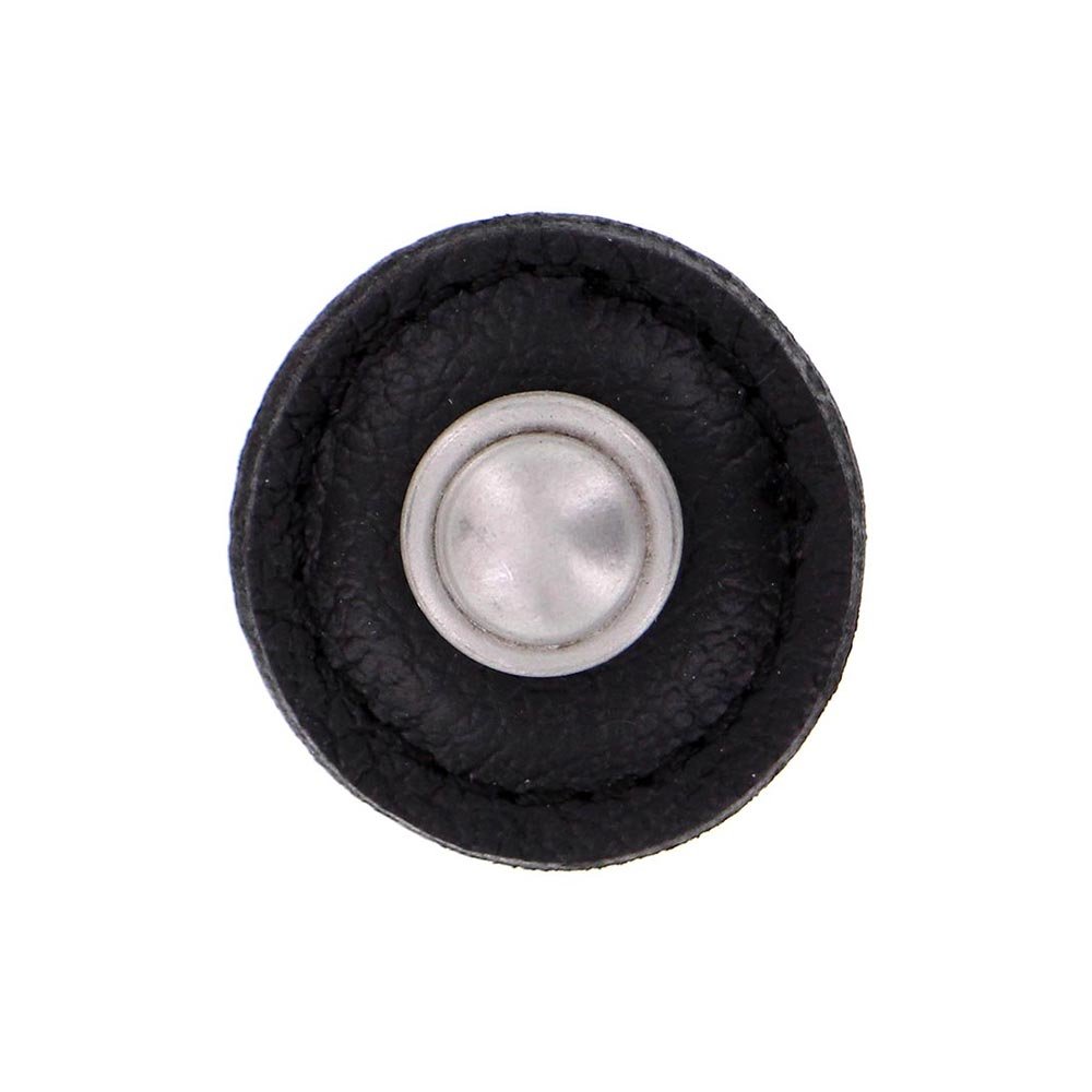 1 1/4" Round Knob with Leather Insert in Satin Nickel with Black Leather Insert