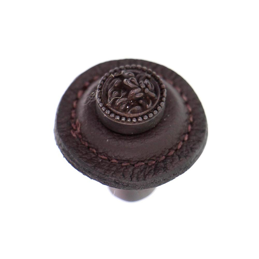 1 1/4" Round Knob with Leather Insert in Oil Rubbed Bronze with Brown Leather Insert