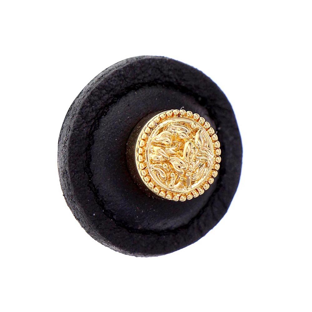 1 1/4" Round Knob with Leather Insert in Polished Gold with Black Leather Insert