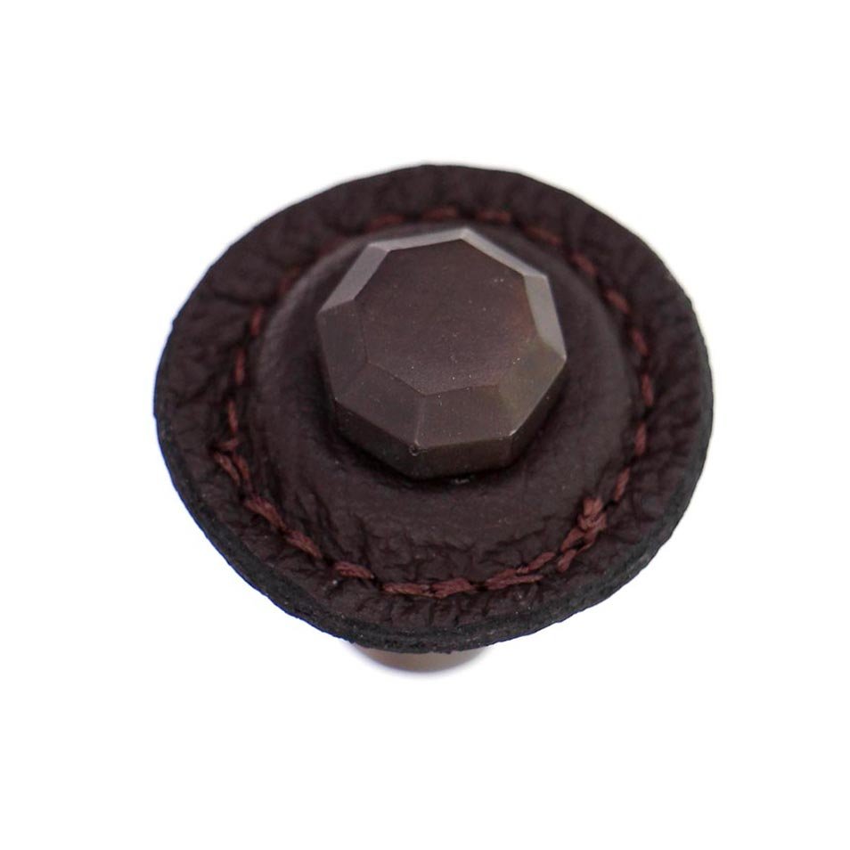 1 1/4" Round Knob with Leather Insert in Oil Rubbed Bronze with Brown Leather Insert
