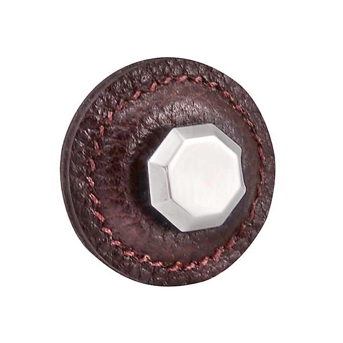 1 1/4" Round Knob with Leather Insert in Polished Nickel with Brown Leather Insert