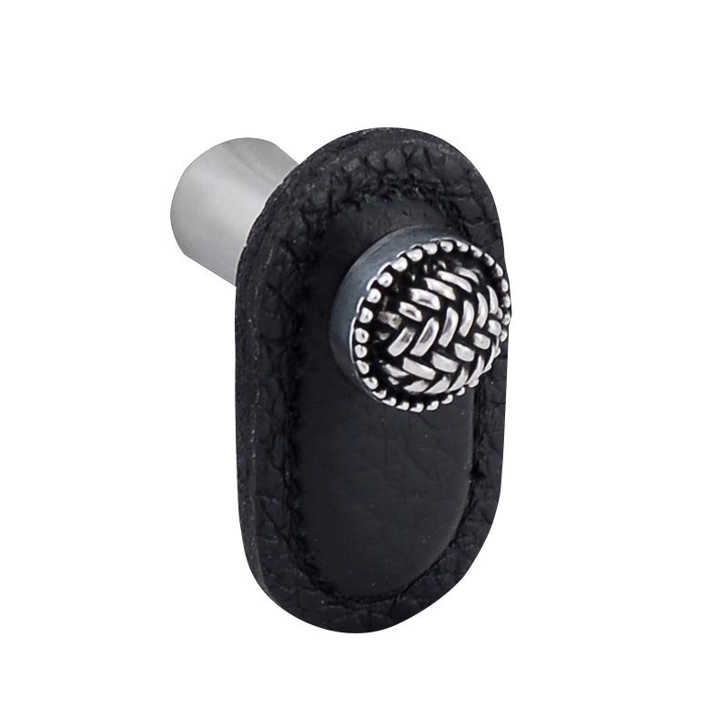 Leather Collection Cestino Knob in Black Leather in Antique Silver