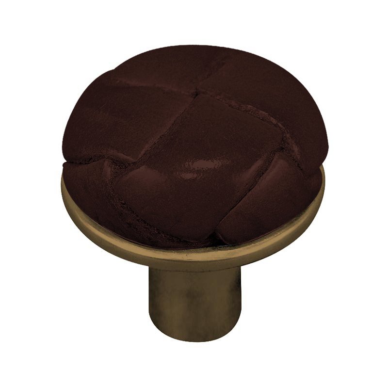 1 1/8" Button Knob with Leather Insert in Antique Brass with Brown Leather Insert
