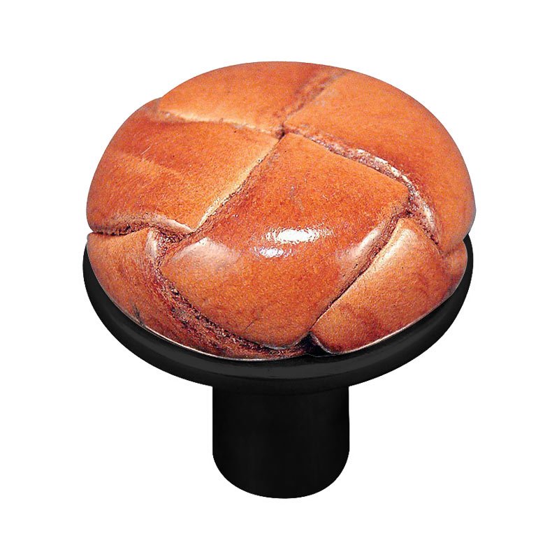 1 1/8" Button Knob with Leather Insert in Oil Rubbed Bronze with Saddle Leather Insert