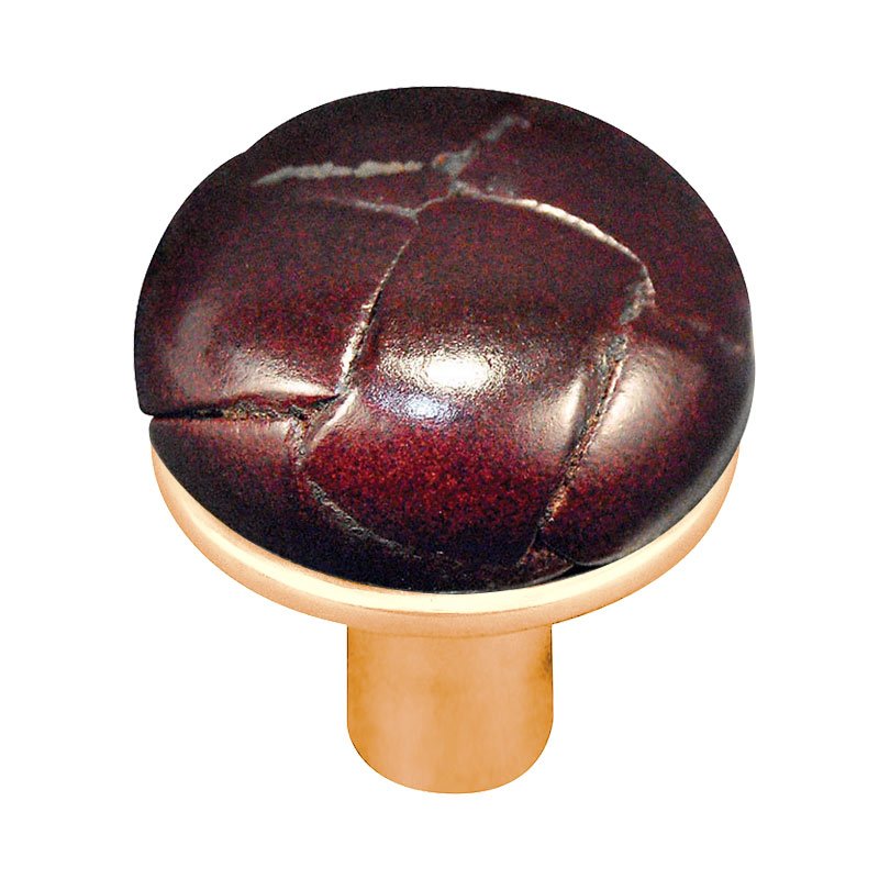 1 1/8" Button Knob with Leather Insert in Polished Gold with Cordovan Leather Insert