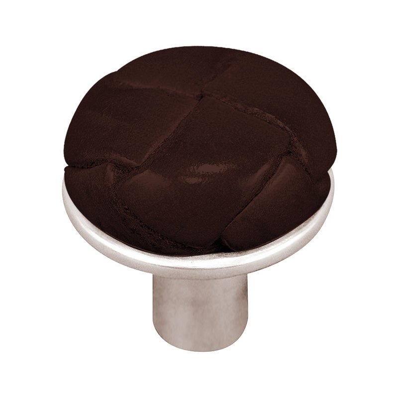 1 1/8" Button Knob with Leather Insert in Polished Nickel with Brown Leather Insert