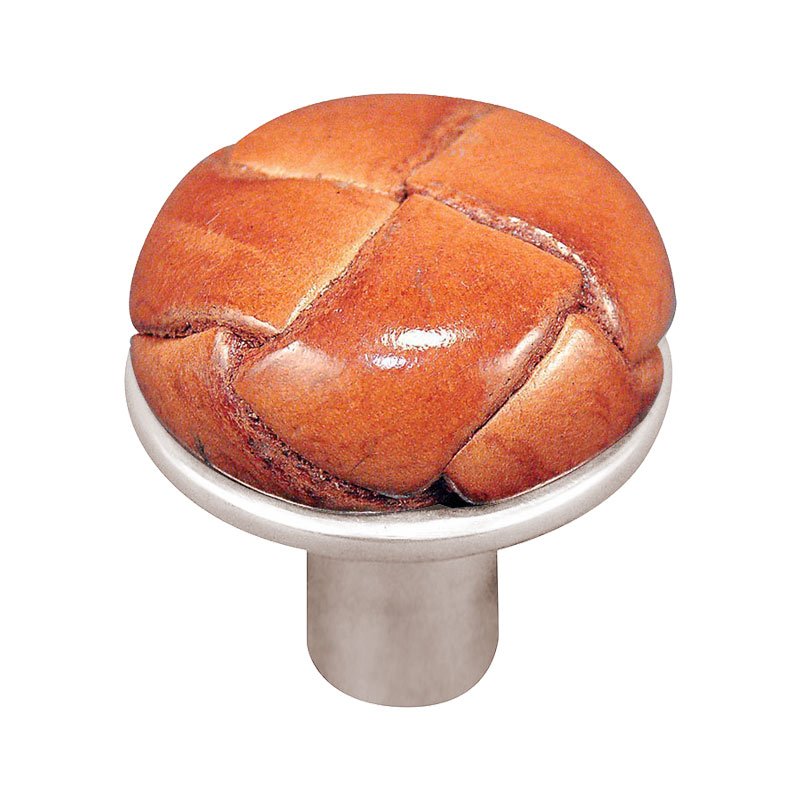 1 1/8" Button Knob with Leather Insert in Polished Nickel with Saddle Leather Insert